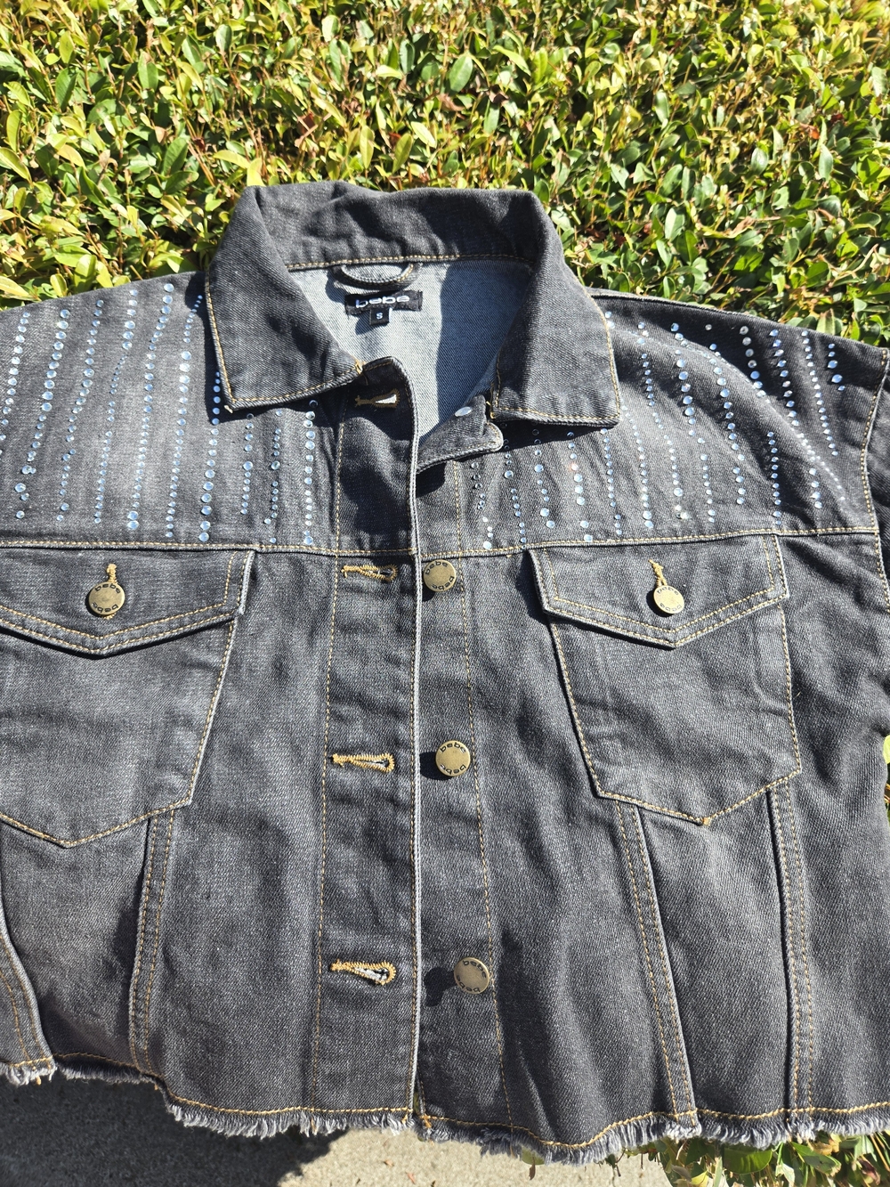 bebe Black Denim Jacket with Blue Stud Detailing